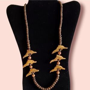 Wood Carved Dolphin Necklace Natural Vintage